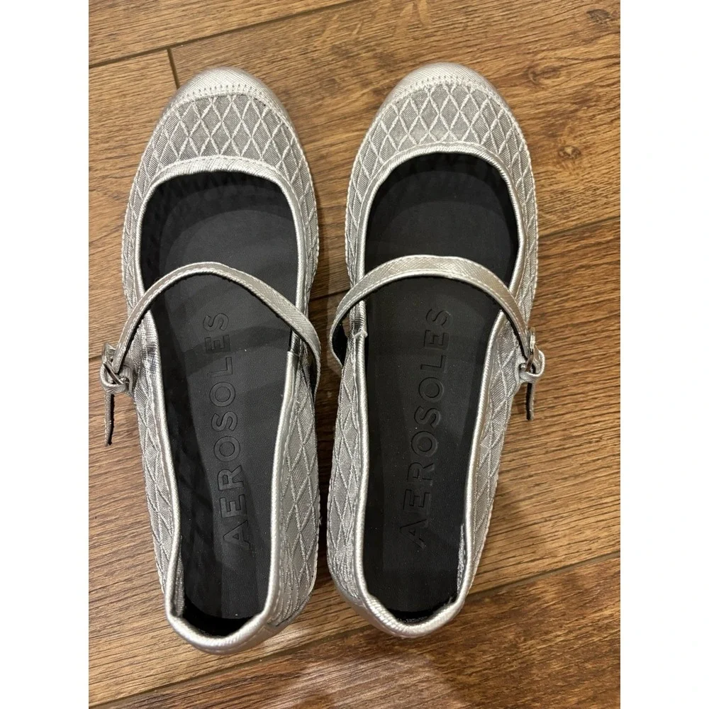 Woman's Ballet Flats Aerosoles Baylee Mary Jane Flat Silver Mesh Metallic Shoes
